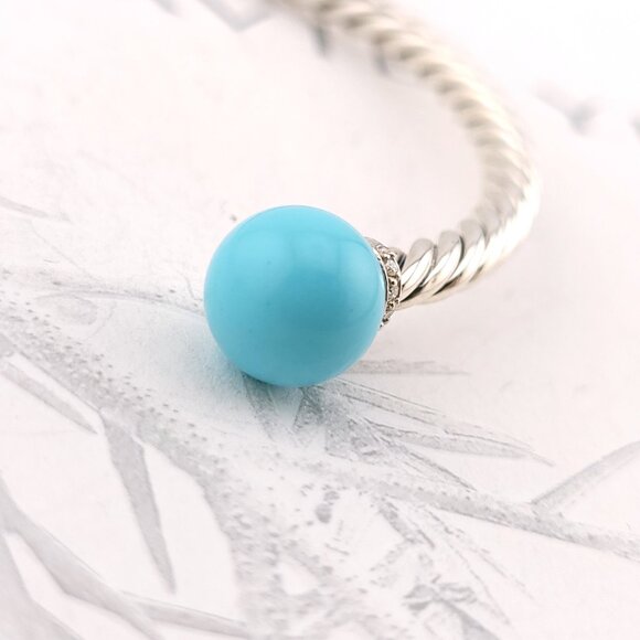 David Yurman Sterling Silver Diamonds & Turquoise Solari 3.5mm Bangle Bracelet - Picture 5 of 10